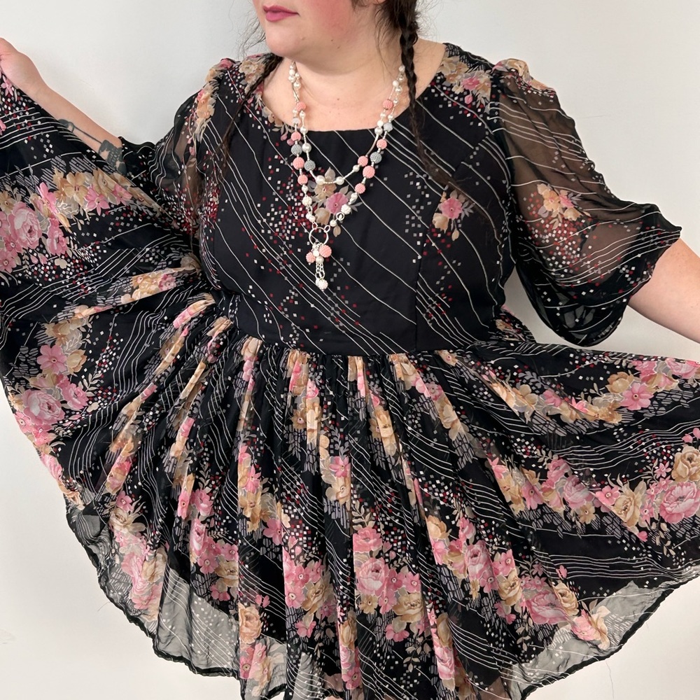 Vintage 70s Early 80s Handmade Black Chiffon Country Deco Floral Plus Size Dress